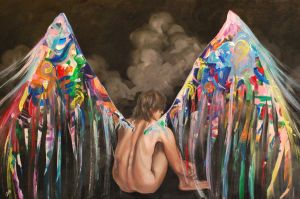 "Transition" Acrylic on wood panel, 33x48", Collaberative Live Painting Exercise